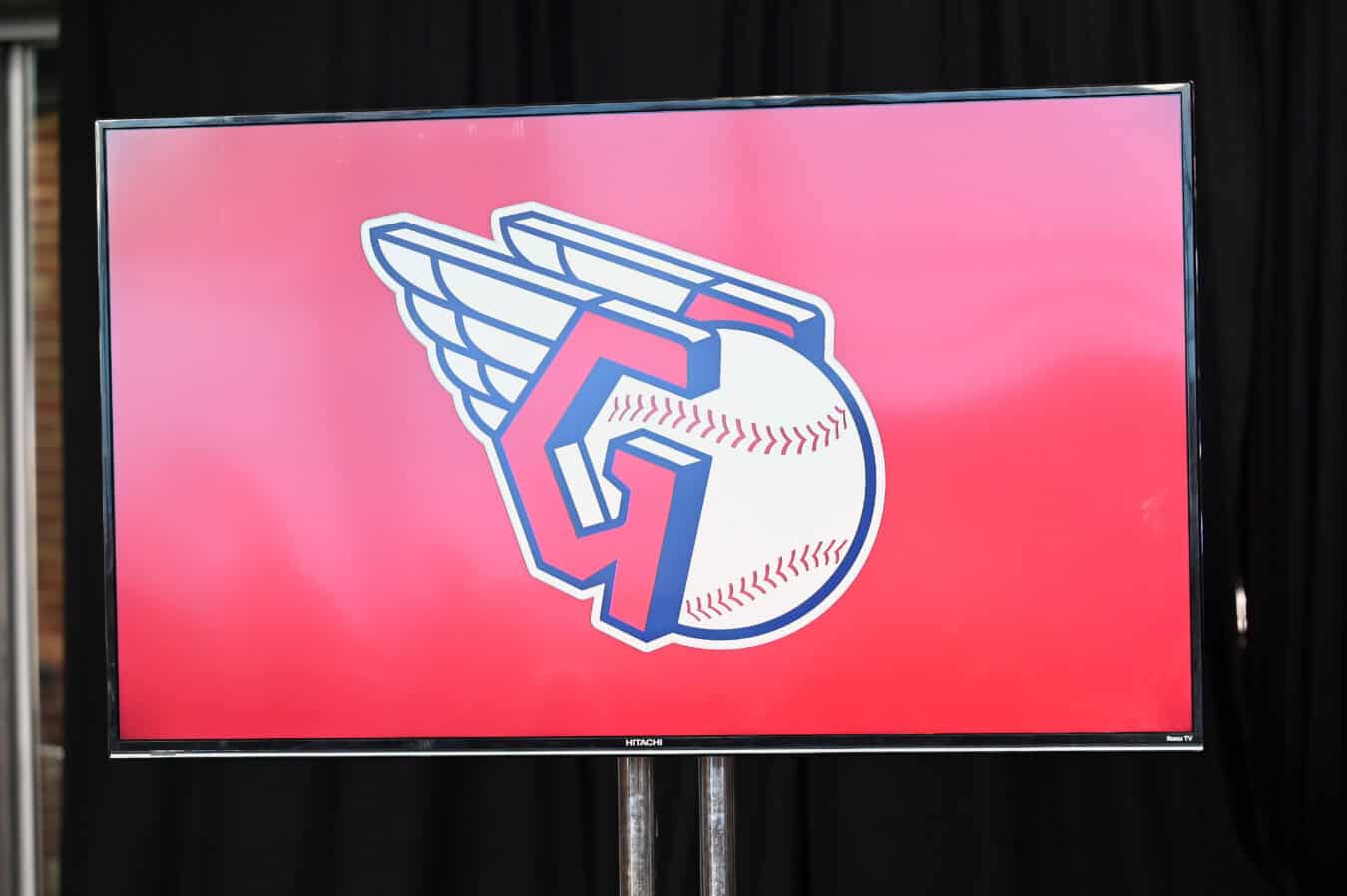 CLEVELAND, OHIO - JULY 23: The new logomark of the Cleveland Guardians is displayed during a press conference announcing the name change from the Cleveland Indians to the Cleveland Guardians at Progressive Field on July 23, 2021 in Cleveland, Ohio.