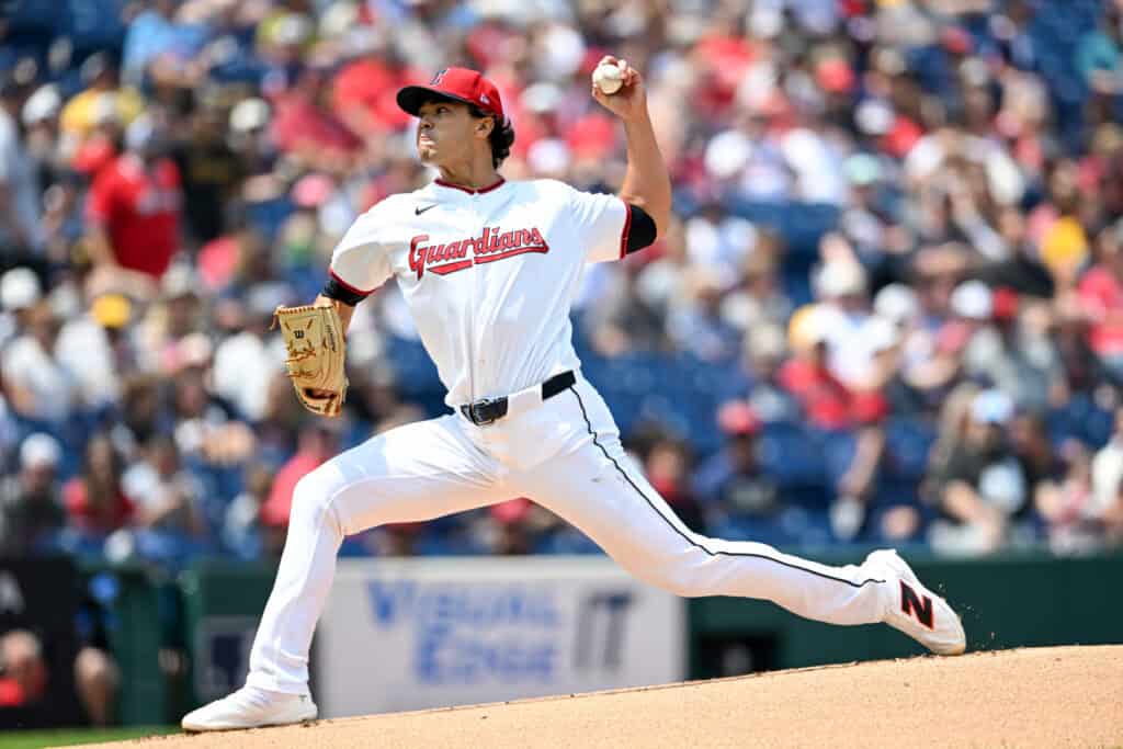 CLEVELAND, OHIO - JULY 19: Joey Cantillo #54 of the Cleveland Guardians throws a pitch during the first inning against the Pittsburgh Pirates at Progressive Field on July 19, 2026 in Cleveland, Ohio.