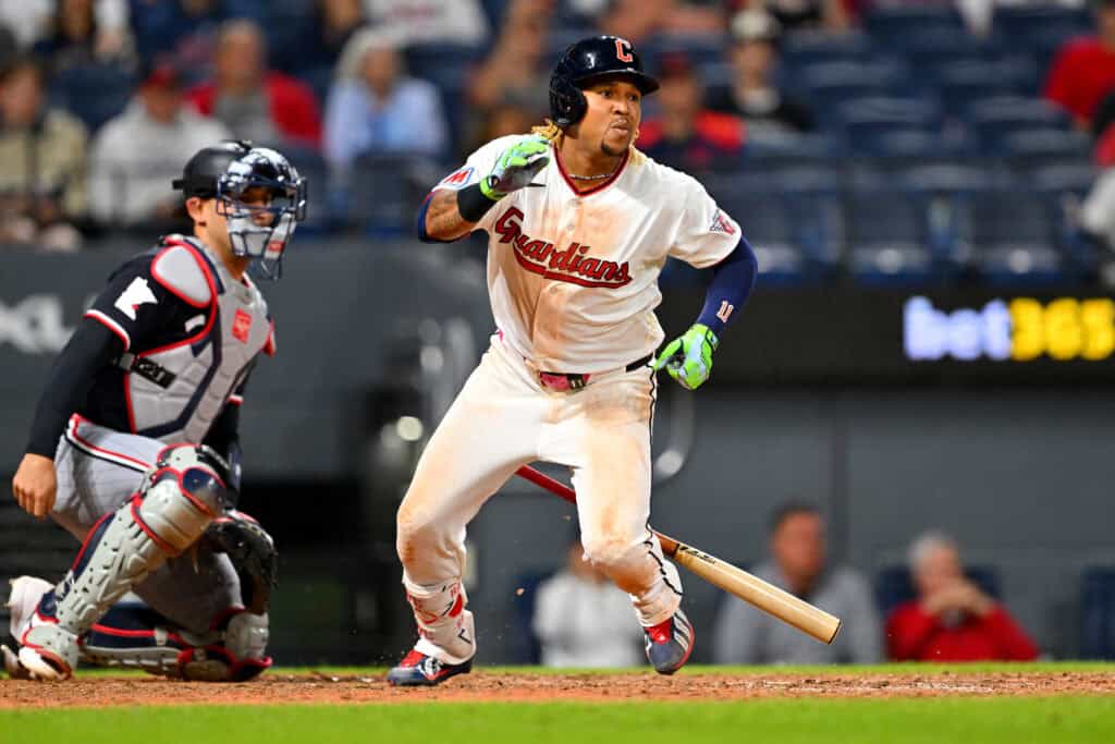 CLEVELAND, OHIO - JULY 22: Jose Ramirez #11 of the Cleveland Guardians runs out a ground ball to end the eighth inning against the Minnesota Twins at Progressive Field on July 22, 2026 in Cleveland, Ohio.