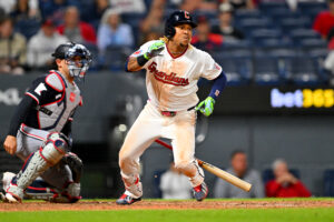 CLEVELAND, OHIO - JULY 22: Jose Ramirez #11 of the Cleveland Guardians runs out a ground ball to end the eighth inning against the Minnesota Twins at Progressive Field on July 22, 2026 in Cleveland, Ohio.