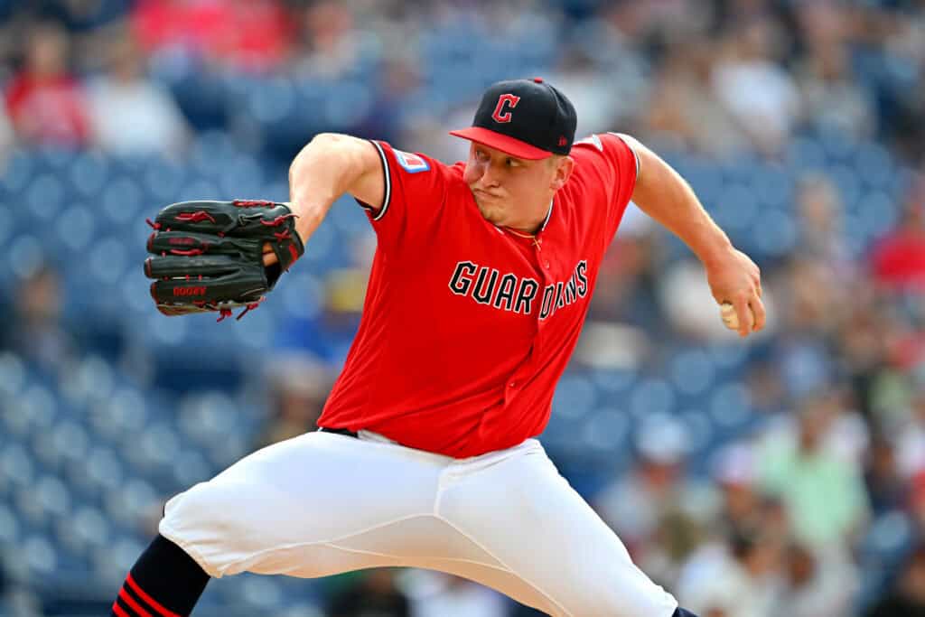 CLEVELAND, OHIO - JULY 21: Starting pitcher Parker Messick #77 of the Cleveland Guardians pitches during the first inning against the Minnesota Twins at Progressive Field on July 21, 2026 in Cleveland, Ohio.