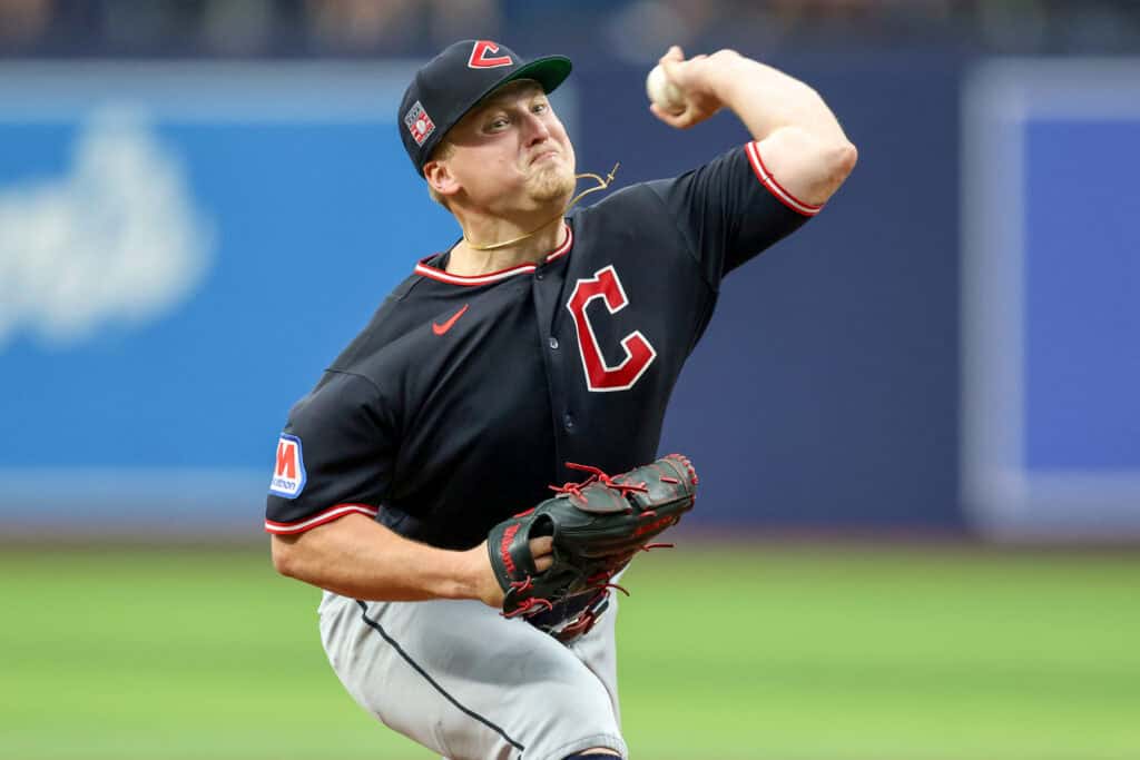 ST. PETERSBURG, FL - JULY 26: Parker Messick #77 of the Cleveland Guardians throws against the Tampa Bay Rays during the first inning of a baseball game at Tropicana Field on July 26, 2026 in St. Petersburg, Florida.
