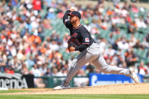 DETROIT, MICHIGAN - MAY 21: Shawn Armstrong #43 of the Cleveland Guardians plays against the Detroit Tigers at Comerica Park on May 21, 2026 in Detroit, Michigan.