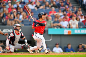 CLEVELAND, OHIO - JULY 21: Steven Kwan #38 of the Cleveland Guardians hits an RBI double during the third inning against the Minnesota Twins at Progressive Field on July 21, 2026 in Cleveland, Ohio.