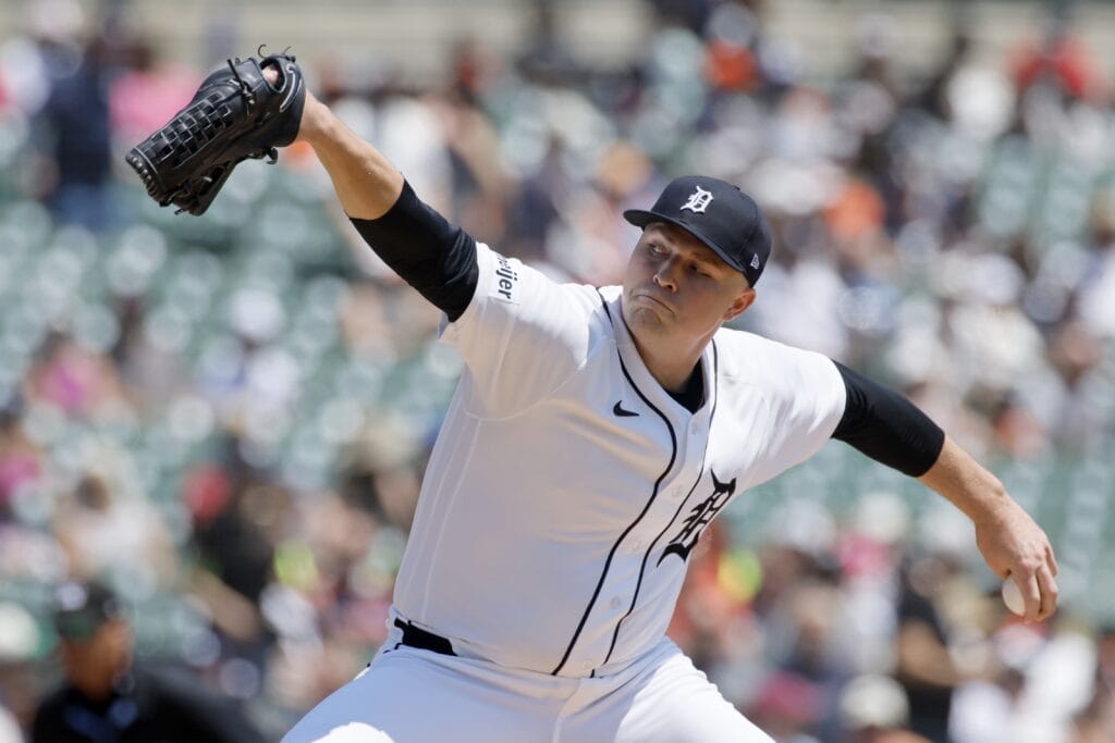 DETROIT, MI - JULY 12: Tarik Skubal #29 of the Detroit Tigers pitches against the Philadelphia Phillies during the first inning at Comerica Park on July 12, 2026 in Detroit, Michigan.