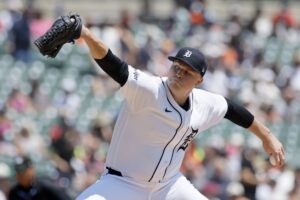 DETROIT, MI - JULY 12: Tarik Skubal #29 of the Detroit Tigers pitches against the Philadelphia Phillies during the first inning at Comerica Park on July 12, 2026 in Detroit, Michigan.