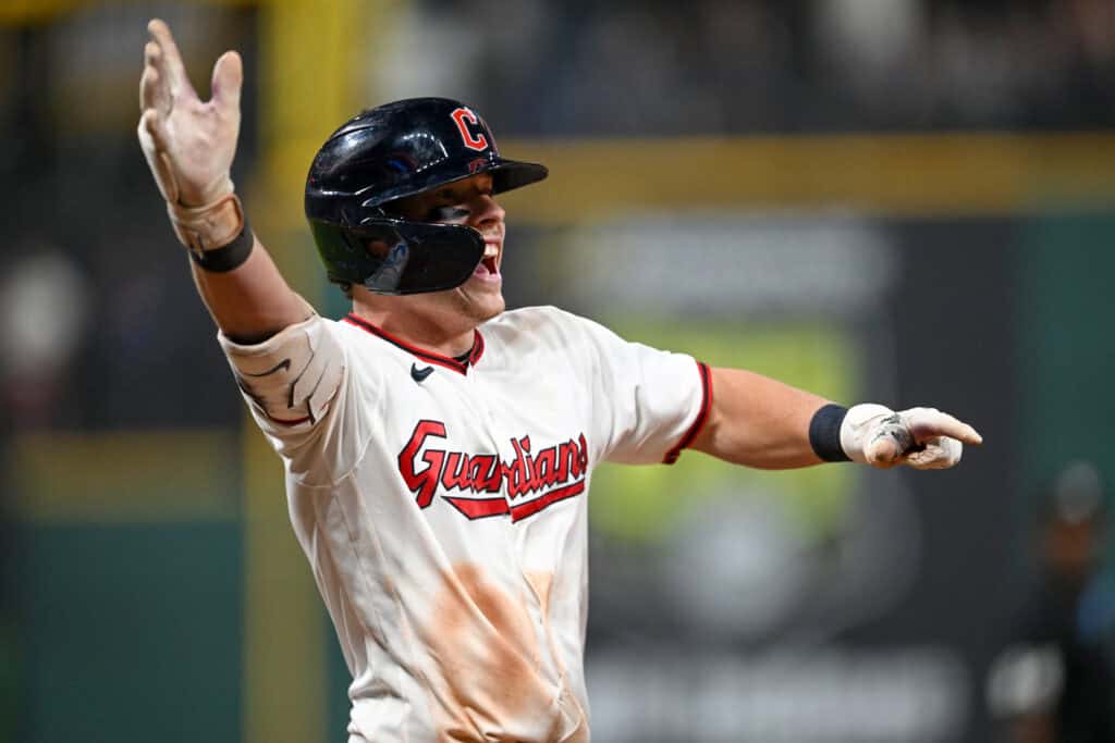 CLEVELAND, OHIO - JULY 18: Travis Bazzana #37 of the Cleveland Guardians runs the bases after hitting a walk-off two-run home run in the ninth inning to defeat the Pittsburgh Pirates 5-3 in game two of the doubleheader at Progressive Field on July 18, 2026 in Cleveland, Ohio.