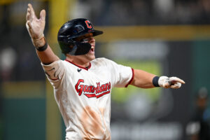 CLEVELAND, OHIO - JULY 18: Travis Bazzana #37 of the Cleveland Guardians runs the bases after hitting a walk-off two-run home run in the ninth inning to defeat the Pittsburgh Pirates 5-3 in game two of the doubleheader at Progressive Field on July 18, 2026 in Cleveland, Ohio.