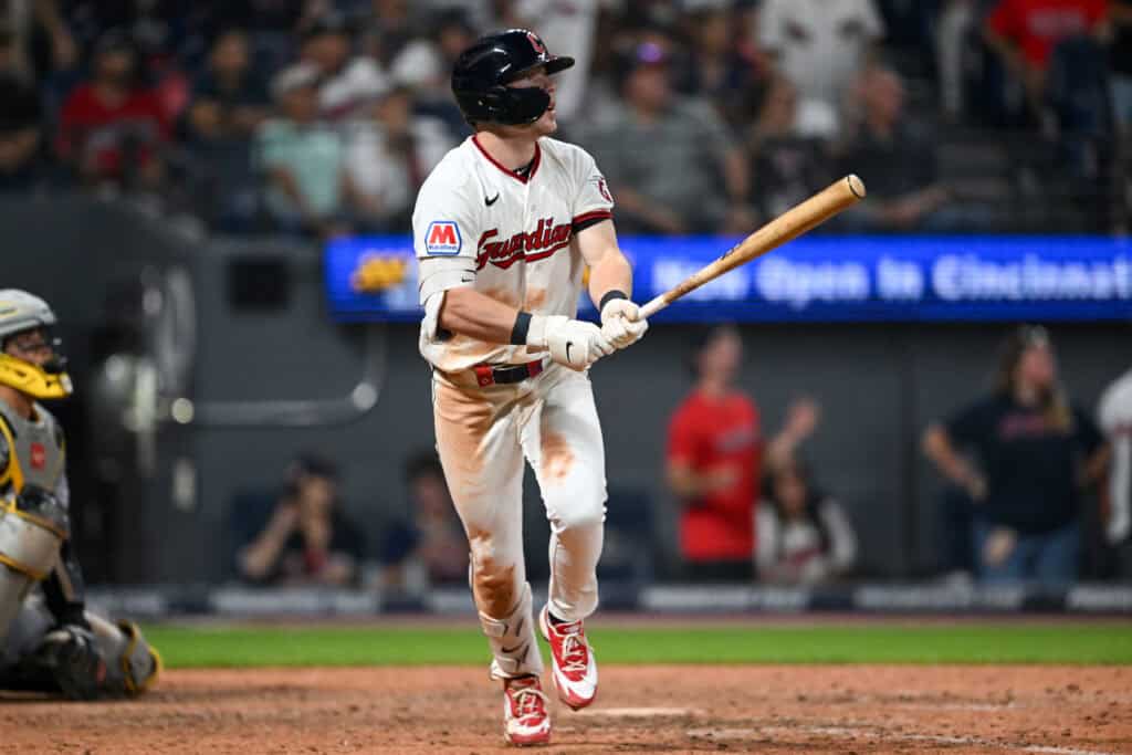 CLEVELAND, OHIO - JULY 18: Travis Bazzana #37 of the Cleveland Guardians watches his walk-off two-run home run in the ninth inning to defeat the Pittsburgh Pirates 5-3 in game two of the doubleheader at Progressive Field on July 18, 2026 in Cleveland, Ohio.