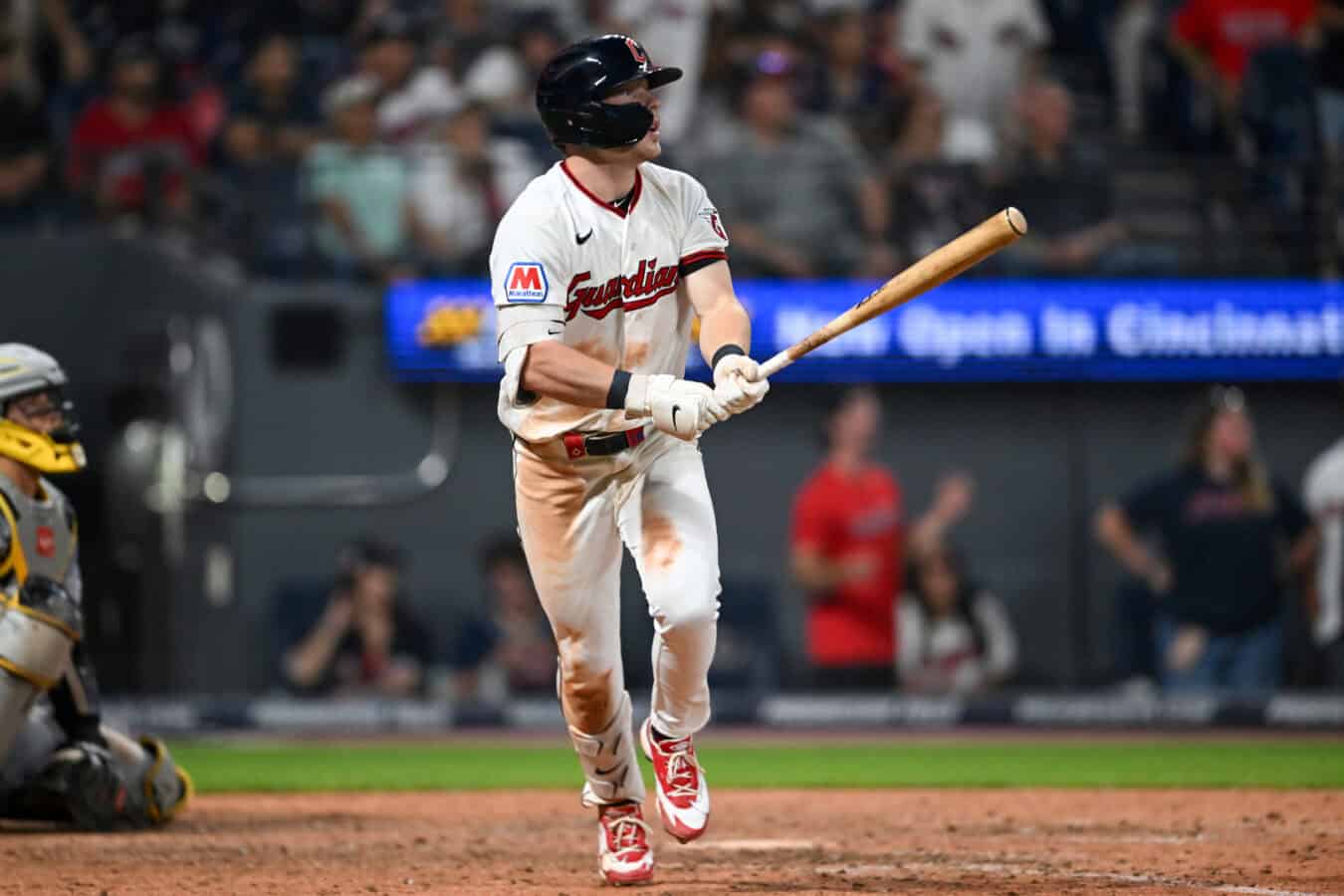CLEVELAND, OHIO - JULY 18: Travis Bazzana #37 of the Cleveland Guardians watches his walk-off two-run home run in the ninth inning to defeat the Pittsburgh Pirates 5-3 in game two of the doubleheader at Progressive Field on July 18, 2026 in Cleveland, Ohio.