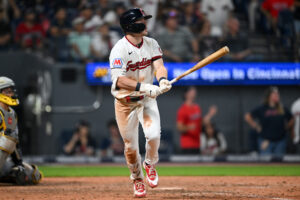 CLEVELAND, OHIO - JULY 18: Travis Bazzana #37 of the Cleveland Guardians watches his walk-off two-run home run in the ninth inning to defeat the Pittsburgh Pirates 5-3 in game two of the doubleheader at Progressive Field on July 18, 2026 in Cleveland, Ohio.