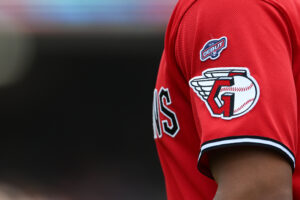 CLEVELAND, OHIO - AUGUST 05: A view of the MLB debut patch on the Nike jersey worn by Angel Genao #17 of the Cleveland Guardians prior to his major league debut against the New York Mets at Progressive Field on August 05, 2026 in Cleveland, Ohio.
