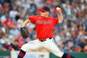 CLEVELAND, OHIO - AUGUST 01: Starting pitcher Parker Messick #77 of the Cleveland Guardians pitches during the first inning against the Arizona Diamondbacks at Progressive Field on August 01, 2026 in Cleveland, Ohio.