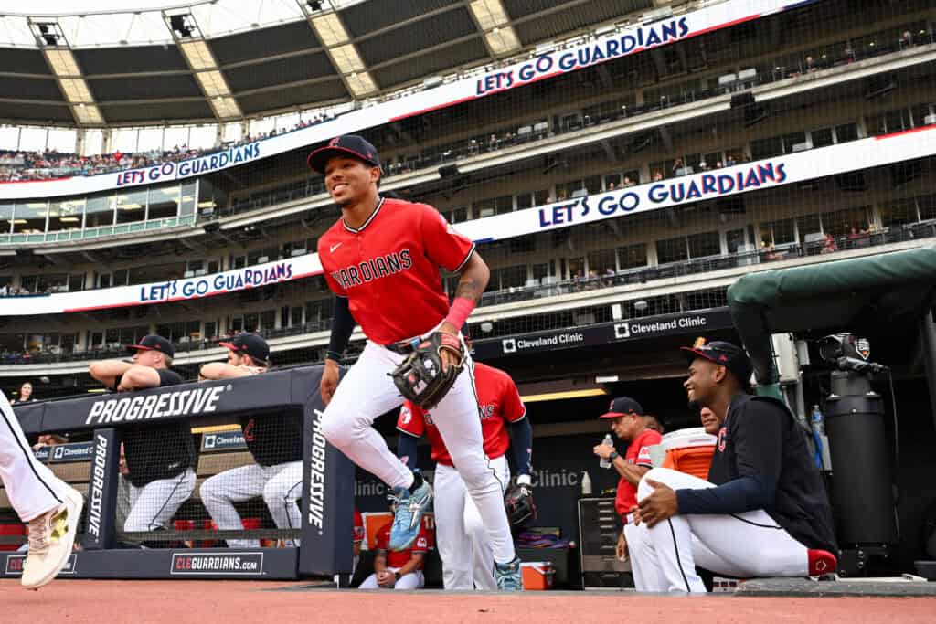 CLEVELAND, OHIO - AUGUST 05: Angel Genao #17 of the Cleveland Guardians takes the field prior to his major league debut against the New York Mets at Progressive Field on August 05, 2026 in Cleveland, Ohio.
