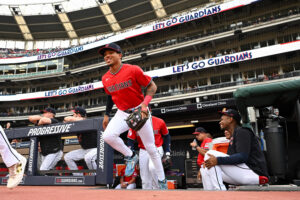 CLEVELAND, OHIO - AUGUST 05: Angel Genao #17 of the Cleveland Guardians takes the field prior to his major league debut against the New York Mets at Progressive Field on August 05, 2026 in Cleveland, Ohio.