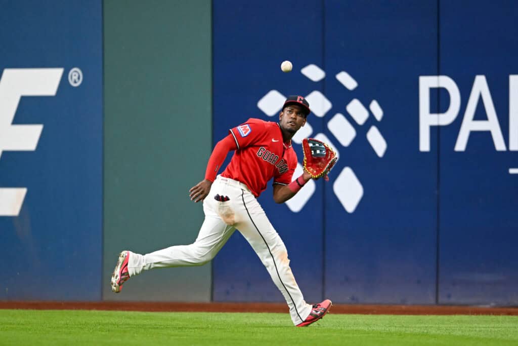 CLEVELAND, OHIO - AUGUST 19: Angel Martínez #1 of the Cleveland Guardians catches a fly ball hit by Osleivis Basabe #39 of the San Francisco Giants during the ninth inning at Progressive Field on August 19, 2026 in Cleveland, Ohio.