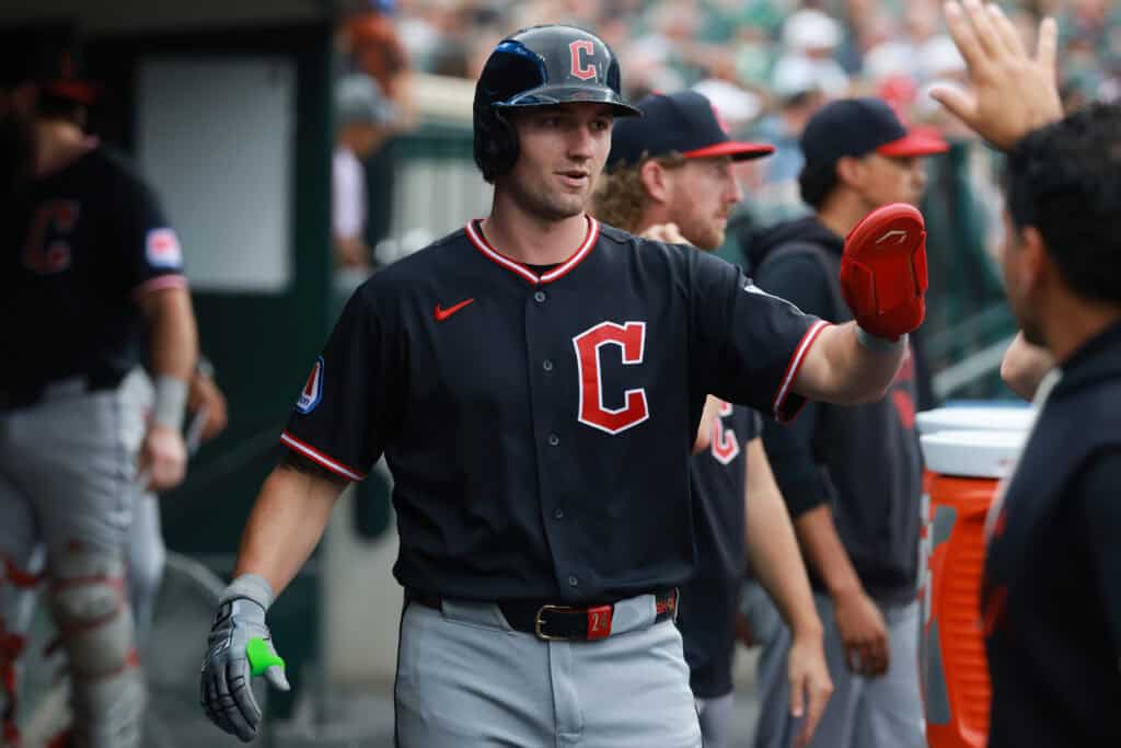 DETROIT, MICHIGAN - AUGUST 12: Chase DeLauter #24 of the Cleveland Guardians celebrates scoring a run in the first inning while playing the Detroit Tigers at Comerica Park on August 12, 2026 in Detroit, Mich