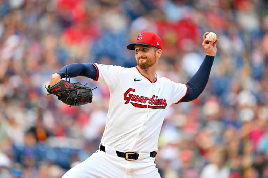 CLEVELAND, OHIO - AUGUST 06: Starting pitcher Foster Griffin #22 of the Cleveland Guardians pitches during the first inning against the New York Mets at Progressive Field on August 06, 2026 in Cleveland, Ohio.