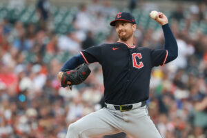 DETROIT, MICHIGAN - AUGUST 12: Foster Griffin #22 of the Cleveland Guardians throws a first inning pitch against the Detroit Tigers at Comerica Park on August 12, 2026 in Detroit, Michigan.