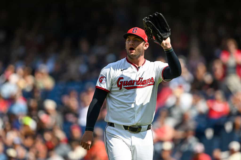 CLEVELAND, OHIO - AUGUST 20: Gavin Williams #32 of the Cleveland Guardians celebrates a strikeout to end the top of the fifth inning against the San Francisco Giants at Progressive Field on August 20, 2026 in Cleveland, Ohio.