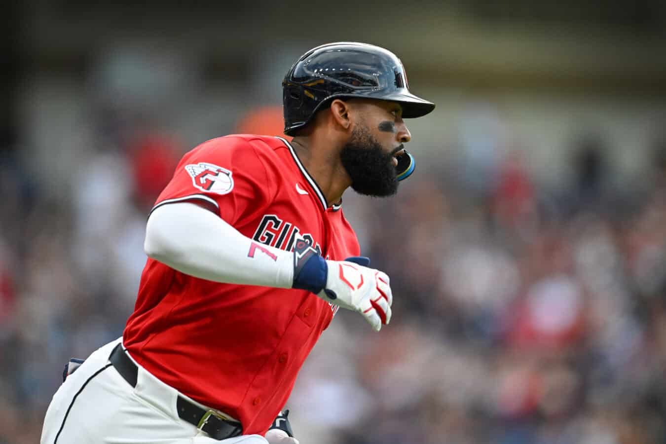 CLEVELAND, OHIO - AUGUST 18: Jo Adell #7 of the Cleveland Guardians runs out a two-run single during the second inning against the San Francisco Giants at Progressive Field on August 18, 2026 in Cleveland, Ohio.
