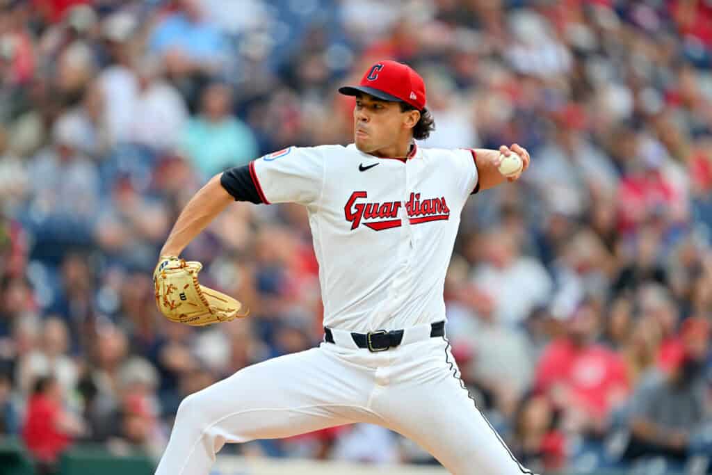 CLEVELAND, OHIO - AUGUST 15: Starting pitcher Joey Cantillo #54 of the Cleveland Guardians pitches during the first inning against the San Diego Padres at Progressive Field on August 15, 2026 in Cleveland, Ohio.
