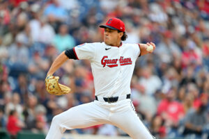 CLEVELAND, OHIO - AUGUST 15: Starting pitcher Joey Cantillo #54 of the Cleveland Guardians pitches during the first inning against the San Diego Padres at Progressive Field on August 15, 2026 in Cleveland, Ohio.