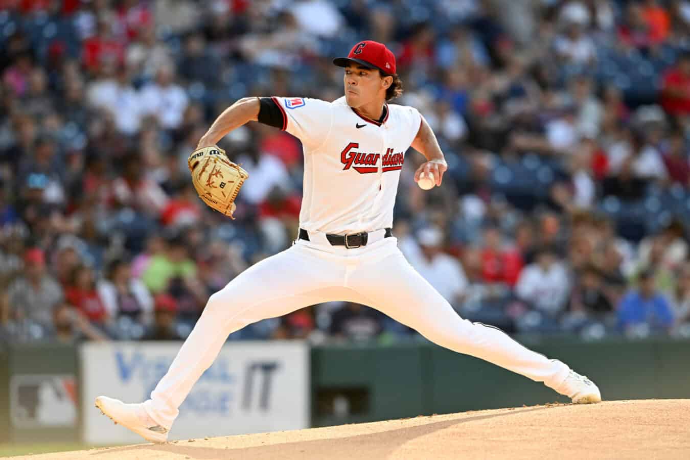 CLEVELAND, OHIO - AUGUST 04: Joey Cantillo #54 of the Cleveland Guardians throws a pitch during the first inning against the New York Mets at Progressive Field on August 04, 2026 in Cleveland, Ohio.