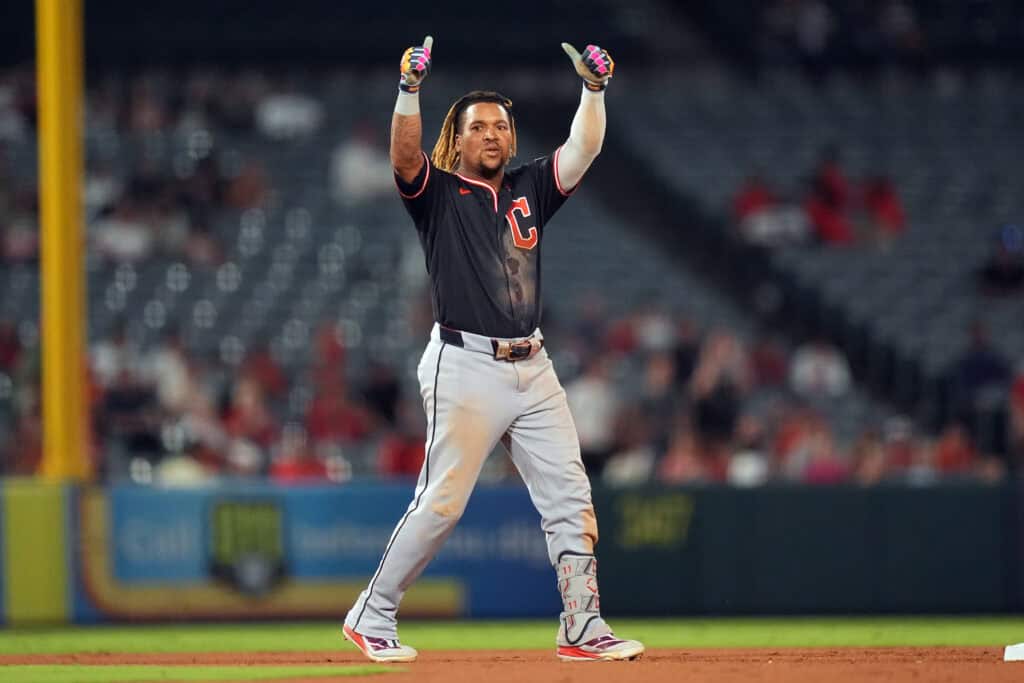 ANAHEIM, CALIFORNIA - AUGUST 25: Jose Ramirez #11 of the Cleveland Guardians reacts to his 2-run double during the 10th inning of a game at Angel Stadium of Anaheim on August 25, 2026 in Anaheim, California.