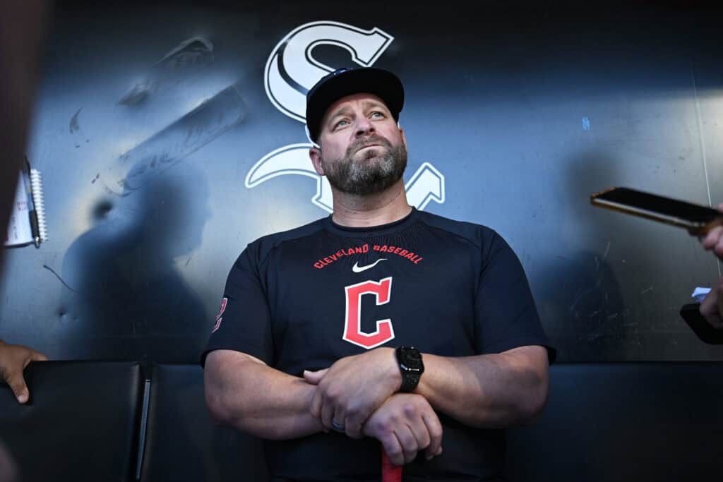 CHICAGO, ILLINOIS - JUNE 23: Manager Stephen Vogt of the Cleveland Guardians is interviewed by media prior to the game against the Chicago White Sox at Rate Field on June 23, 2026 in Chicago, Illinois.