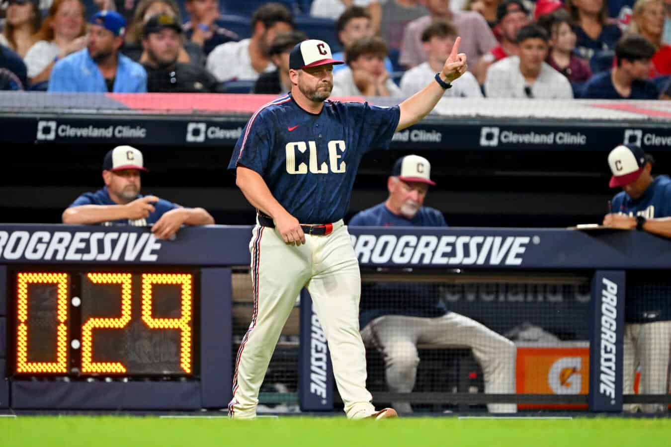 CLEVELAND, OHIO - JULY 31: Manager Stephen Vogt of the Cleveland Guardians signals for a pitching change during the eighth inning against the Arizona Diamondbacks at Progressive Field on July 31, 2026 in Cleveland, Ohio.