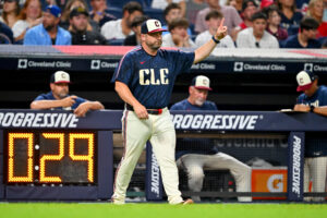 CLEVELAND, OHIO - JULY 31: Manager Stephen Vogt of the Cleveland Guardians signals for a pitching change during the eighth inning against the Arizona Diamondbacks at Progressive Field on July 31, 2026 in Cleveland, Ohio.