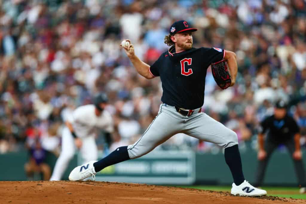 DENVER, CO - AUGUST 22: Starting pitcher Tanner Bibee #28 of the Cleveland Guardians delivers a pitch in the second inning against the Colorado Rockies at Coors Field on August 22, 2026 in Denver, Colorado.