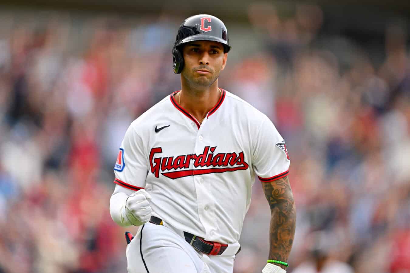 CLEVELAND, OHIO - SEPTEMBER 04: Brayan Rocchio #4 of the Cleveland Guardians celebrates as he rounds the bases after hitting a grand slam during the fourth inning of game one of a doubleheader against the Detroit Tigers at Progressive Field on September 04, 2026, in Cleveland, Ohio.