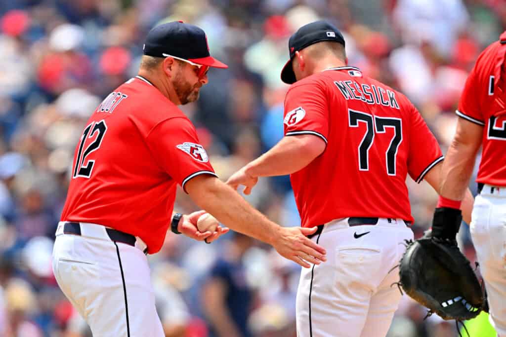 CLEVELAND, OHIO - JUNE 10: Manager Stephen Vogt removes starting pitcher Parker Messick #77 of the Cleveland Guardians during the sixth inning against the New York Yankees at Progressive Field on June 10, 2026 in Cleveland, Ohio.