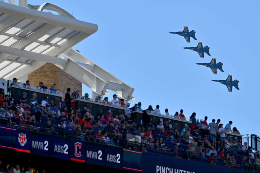 CLEVELAND, OHIO - SEPTEMBER 06: The Blue Angels fly over Progressive Field during the eighth inning of the game between the Cleveland Guardians and the Detroit Tigers on September 06, 2026 in Cleveland, Ohio. The Guardians defeated the Tigers 3-2.