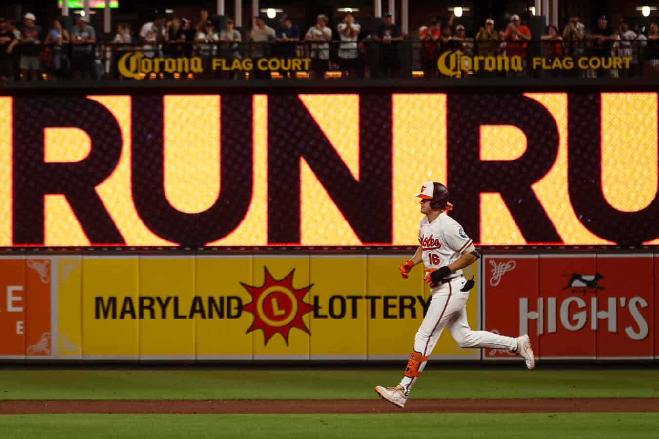 BALTIMORE, MD - SEPTEMBER 09: Coby Mayo #16 of the Baltimore Orioles rounds the bases after hitting a home run against the Cleveland Guardians during the sixth inning at Oriole Park at Camden Yards on September 9, 2026 in Baltimore, Maryland.