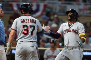 MINNEAPOLIS, MINNESOTA - SEPTEMBER 11: Angel Martínez #1 of the Cleveland Guardians celebrates his his solo home run with Travis Bazzana #37 during the seventh inning against the Minnesota Twins at Target Field on September 11, 2026 in Minneapolis, Minnesota.