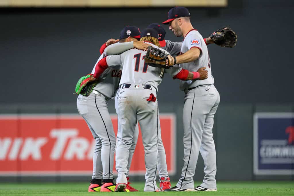 MINNEAPOLIS, MINNESOTA - SEPTEMBER 11: Cleveland Guardians players celebrate their team's win against the Minnesota Twins during the ninth inning at Target Field on September 11, 2026 in Minneapolis, Minnesota.