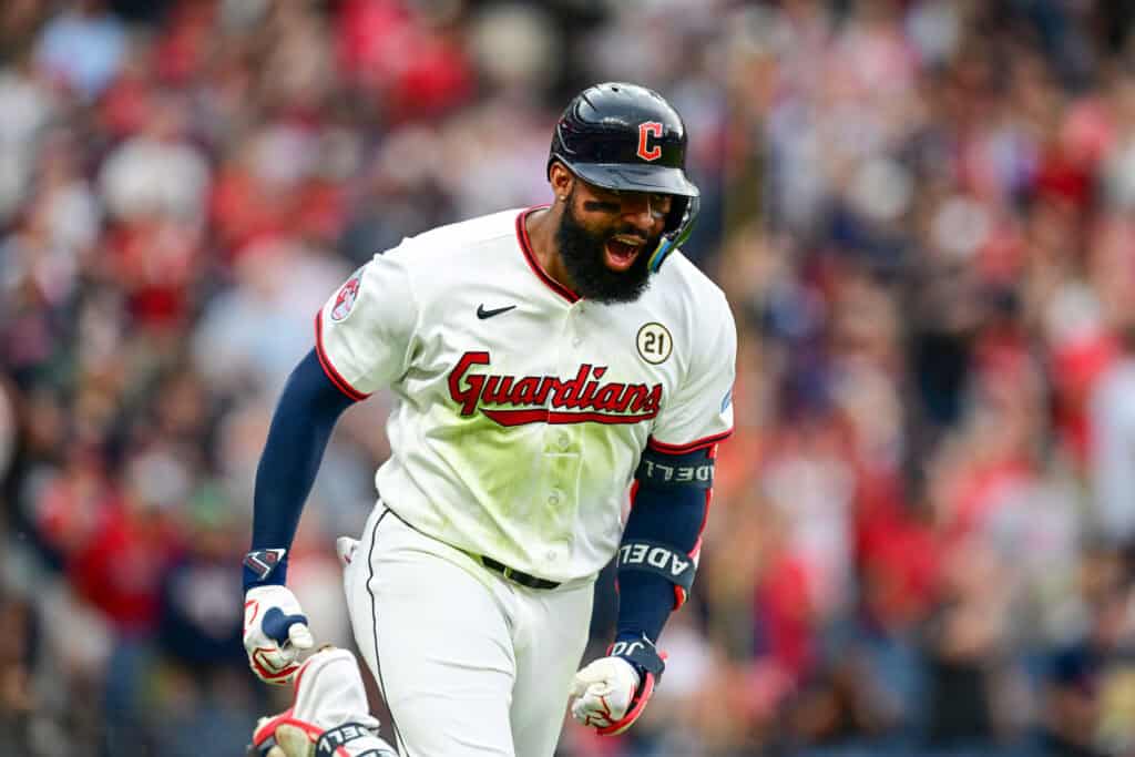 CLEVELAND, OHIO - SEPTEMBER 15: Jo Adell #7 of the Cleveland Guardians runs the bases on his two-run home run in the first inning against the Chicago White Sox at Progressive Field on September 15, 2026 in Cleveland, Ohio.