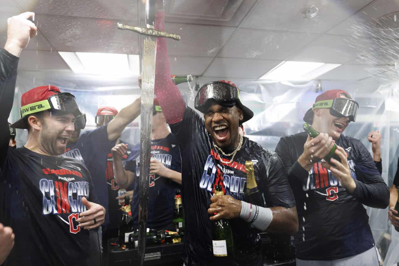 BOSTON, MASSACHUSETTS - SEPTEMBER 24: Angel Martinez #1 of the Cleveland Guardians celebrates with his teammates following the win over the Boston Red Sox at Fenway Park on September 24, 2026 in Boston, Massachusetts. The Cleveland Guardians secured a spot in the 2026 playoffs with the win over the Boston Red Sox.