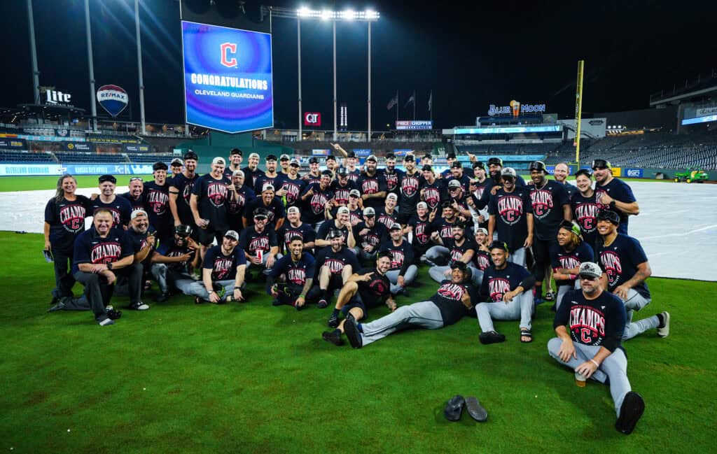 KANSAS CITY, MISSOURI - SEPTEMBER 26: The Cleveland Guardians pose for a photo after clinching the American League Central Division title after defeating the Kansas City Royals at Kauffman Stadium on September 26, 2026 in Kansas City, Missouri.
