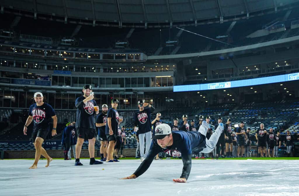 KANSAS CITY, MISSOURI - SEPTEMBER 26: The Cleveland Guardians celebrate clinching the American League Central Division title after defeating the Kansas City Royals at Kauffman Stadium on September 26, 2026 in Kansas City, Missouri.