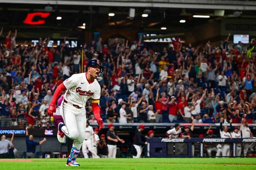CLEVELAND, OHIO - SEPTEMBER 01: Angel Genao #17 of the Cleveland Guardians celebrates as he runs the bases after hitting a two-run home run during the seventh inning against the Toronto Blue Jays at Progressive Field on September 01, 2026 in Cleveland, Ohio.