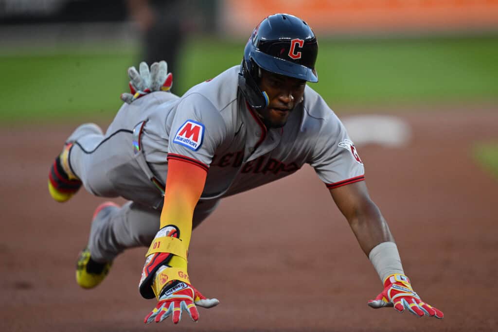 BALTIMORE, MD - SEPTEMBER 08: Angel Martinez #1 of the Cleveland Guardians dives into third base for a triple in the second inning against the Baltimore Orioles at Oriole Park at Camden Yards on September 08, 2026 in Baltimore, Maryland.