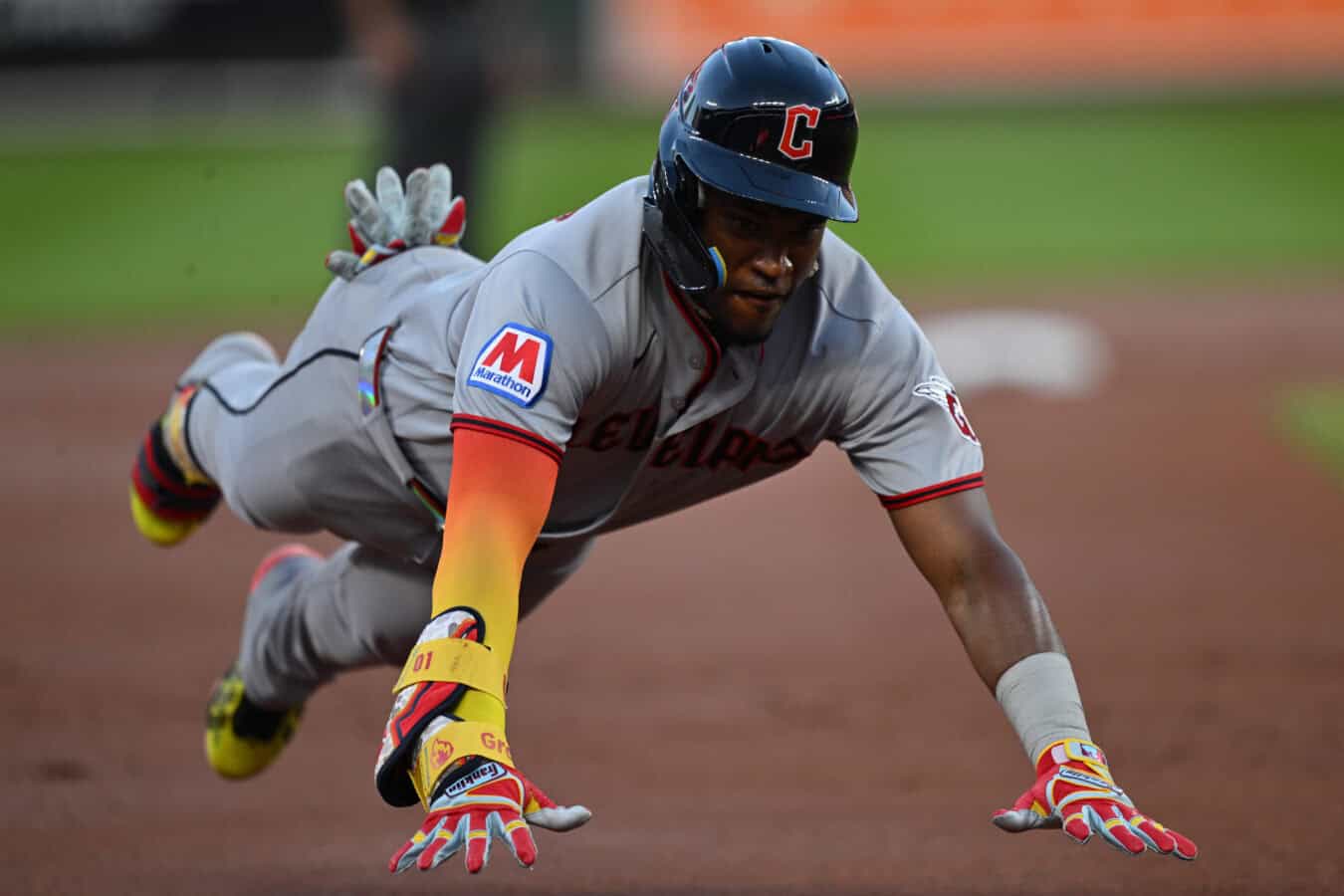 BALTIMORE, MD - SEPTEMBER 08: Angel Martinez #1 of the Cleveland Guardians dives into third base for a triple in the second inning against the Baltimore Orioles at Oriole Park at Camden Yards on September 08, 2026 in Baltimore, Maryland.