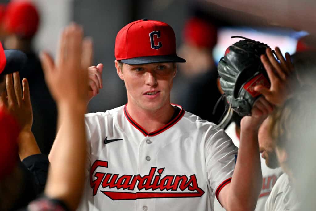 CLEVELAND, OHIO - SEPTEMBER 05: Relief pitcher Austin Peterson #49 of the Cleveland Guardians celebrates after his major league debut during the eighth inning against the Detroit Tigers at Progressive Field on September 05, 2026 in Cleveland, Ohio. The Tigers defeated the Guardians 6-0.