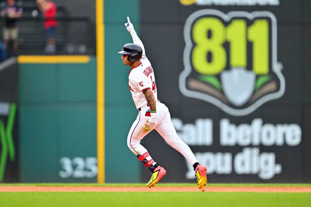 CLEVELAND, OHIO - SEPTEMBER 04: Brayan Rocchio #4 of the Cleveland Guardians celebrates after hitting a walk-off solo homer during the ninth inning of game one of a doubleheader against the Detroit Tigers at Progressive Field on September 04, 2026, in Cleveland, Ohio. The Guardians defeated the Tigers 7-6.