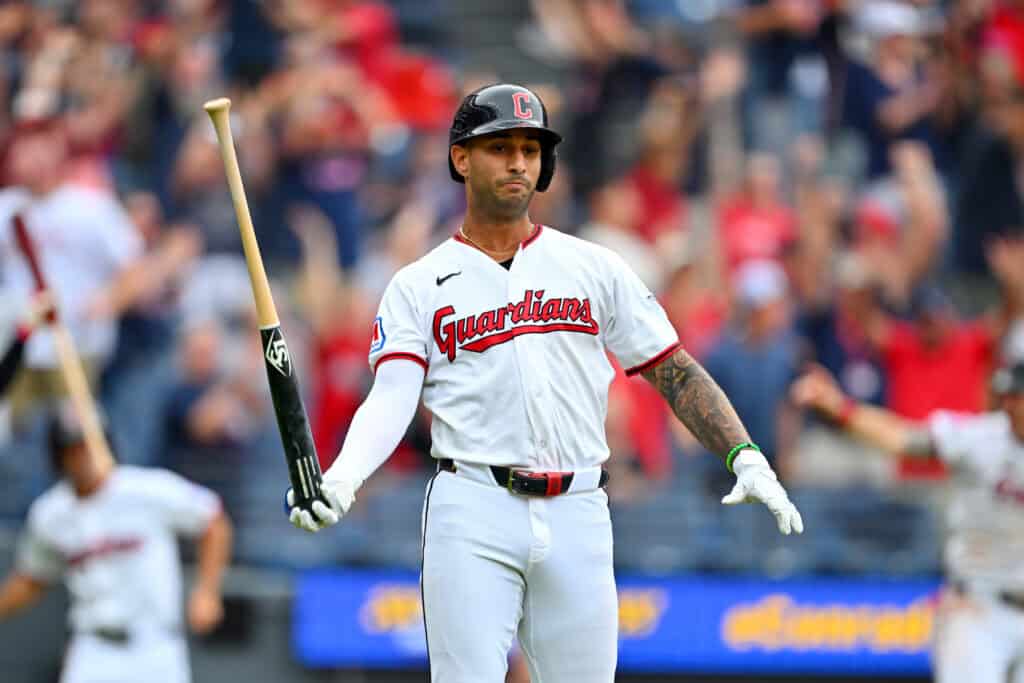 CLEVELAND, OHIO - SEPTEMBER 04: Brayan Rocchio #4 of the Cleveland Guardians celebrates after hitting a walk-off solo homer during the ninth inning of game one of a doubleheader against the Detroit Tigers at Progressive Field on September 04, 2026, in Cleveland, Ohio. The Guardians defeated the Tigers 7-6.