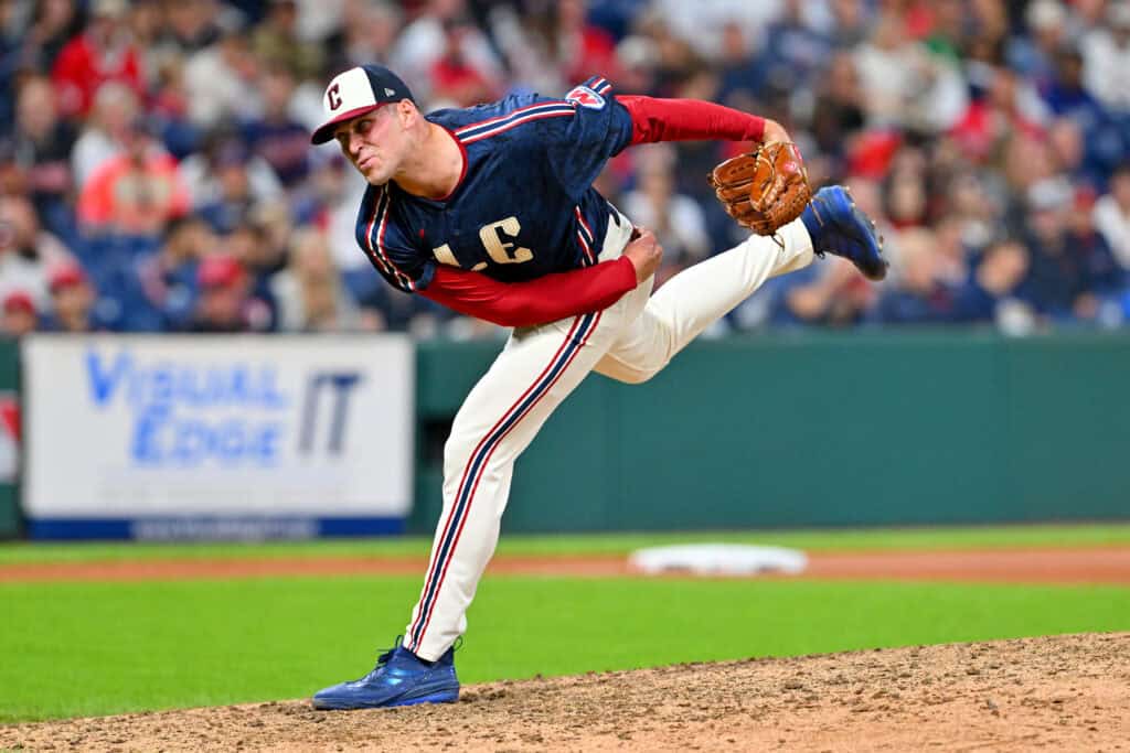 CLEVELAND, OHIO - SEPTEMBER 18: Closing pitcher Cade Smith #36 of the Cleveland Guardians pitches during the ninth inning against the Athletics at Progressive Field on September 18, 2026 in Cleveland, Ohio. The Guardians defeated the Athletics 5-3.